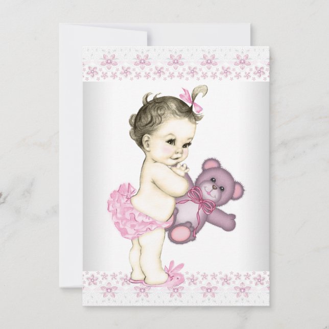 Rosa Teddybjörn Bebis Shower Inbjudningar (Framsida)