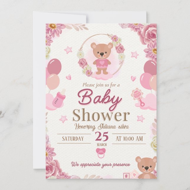 Rosa Teddybjörn Bebisdopp Invitation (Framsida)