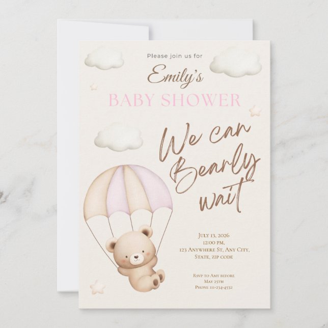 Rosa teddybjörn bebisfest inbjudan (Framsida)