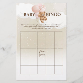 Rosa Teddybjörn BINGO Baby Shower-spel Flygblad