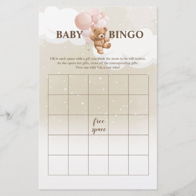 Rosa Teddybjörn BINGO Baby Shower-spel Flygblad (Framsidan)
