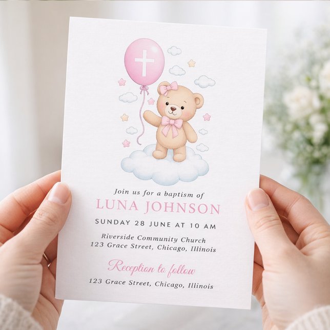 Rosa Teddybjörn Flickas Dop Inbjudan (Skapare uppladdad)