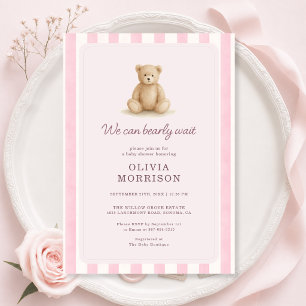 Rosa teddybjörn flickstripor baby shower inbjudningar