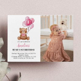 Rosa teddybjörn födelsedagsinbjudan björn ballong tack kort