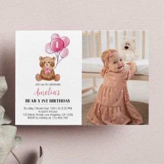 Rosa teddybjörn födelsedagsinbjudan björn ballong tack kort