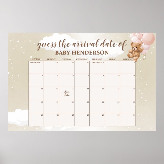 Rosa Teddybjörn Gissa Förfallodatum Kalender Poster (Framsidan)