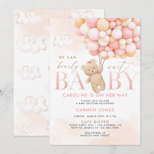 Rosa teddybjörn med ballonger Baby Shower Inbjudan