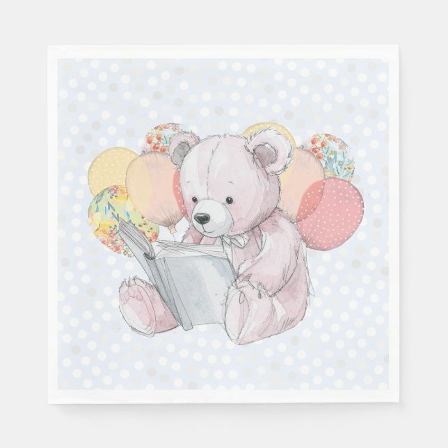 Rosa teddybjörn som läser en bok  pappersservett (Framsidan)