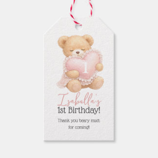 Rosa teddybjörn tackar för 1-årsfirande presentetikett