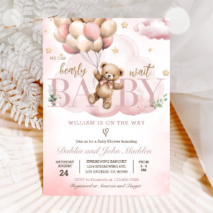 Rosa teddybjörn Vi kan knappt vänta Baby Shower Inbjudningar