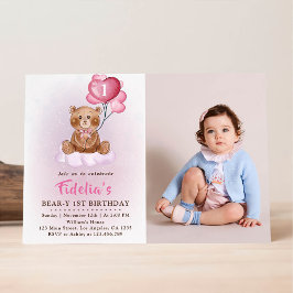 Rosa teddybjörnballonger Första födelsedagsfoto Inbjudningar