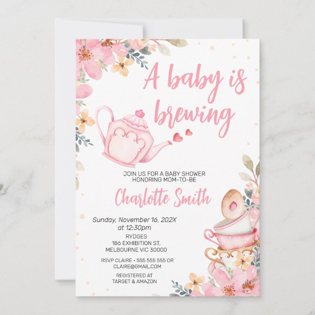 Rosa Tekanna Blommigt Baby är Brewn Baby Shower Inbjudningar (Framsida)