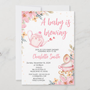 Rosa Tekanna Blommigt Baby är Brewn Baby Shower Inbjudningar