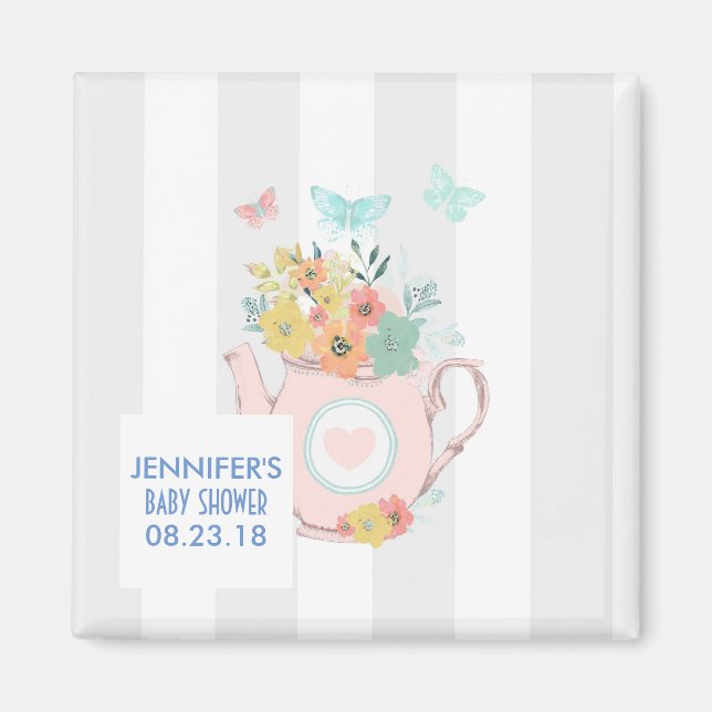 Rosa Tekanna med Baby Shower for Flowers & Butterf Magnet (Framsidan)