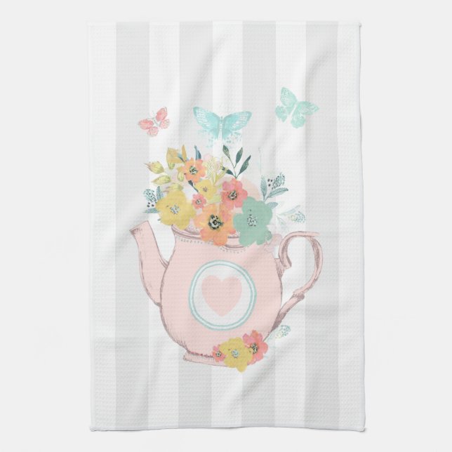 Rosa tekanna med blommor & fjärilar kökshandduk (Vertikal)
