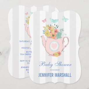 Rosa tekanna med blommor och fjärilar Baby Shower Inbjudningar