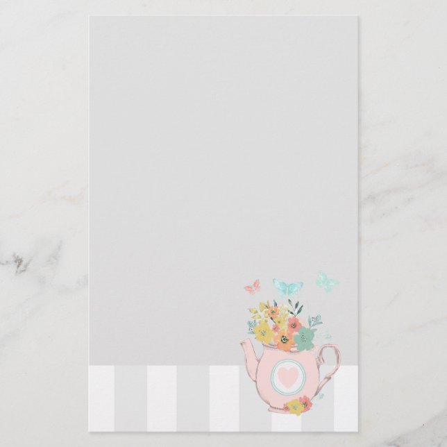Rosa Tekanna med blommor och fjärilar Brevpapper (Framsida)