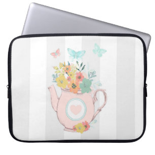 Rosa Tekanna med blommor och fjärilar Laptop Fodral