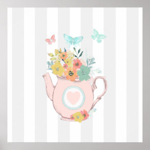 Rosa Tekanna med Flowers & Butterflies Grått Rand Poster