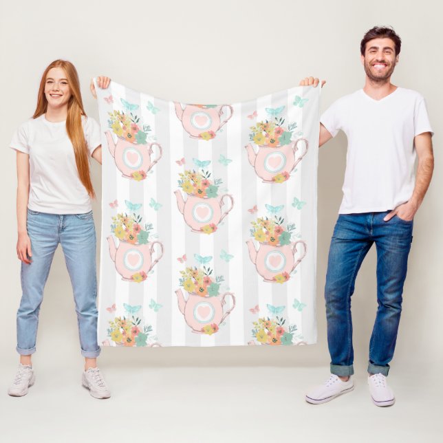 Rosa Tekanna med Flowers & Butterflies Mönster Fleecefilt (På plats)