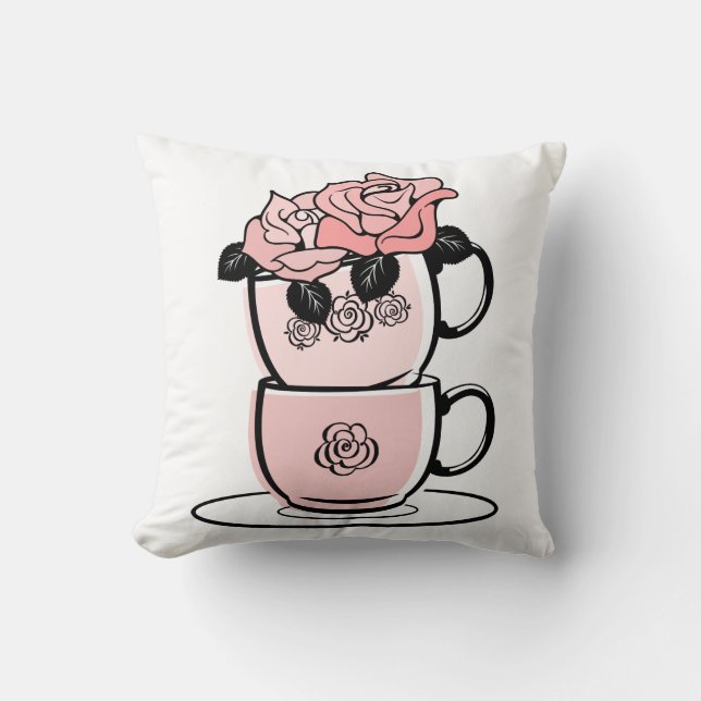 Rosa Tekopp och Flowers Dekorativ kudde (Framsida)