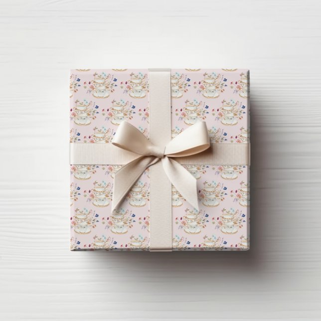 Rosa tekopp presentpapper (Pink Floral Teacup Bridal Shower Wrapping Paper by Painted Paperie
)