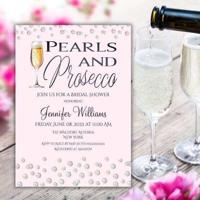 Rosa Temperatur Pearls och Proseccos Möhippa Inbjudningar (Skapare uppladdad)