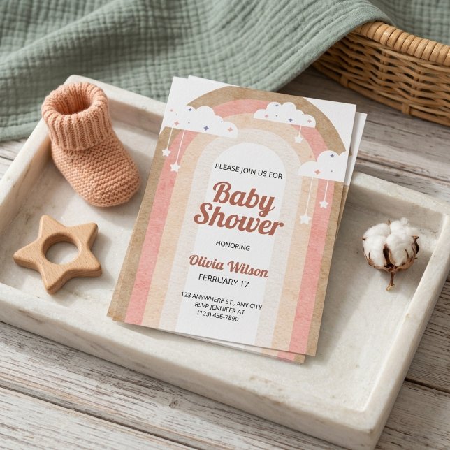 Rosa Terrakotta Boho Regnbåge Moln Baby Shower Inbjudningar (Skapare uppladdad)