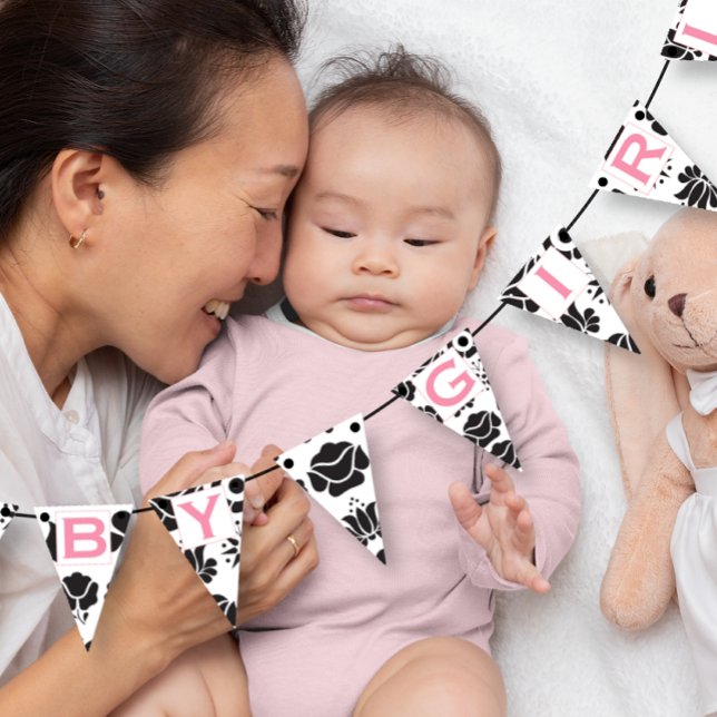 Rosa Text Black Blommigt Patten Flicka Vimplar (Skapare uppladdad)