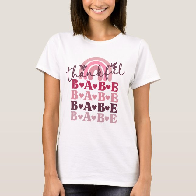 Rosa Thankful Babe Thanksgiving Fall Boho Rainbow T Shirt (Framsida)