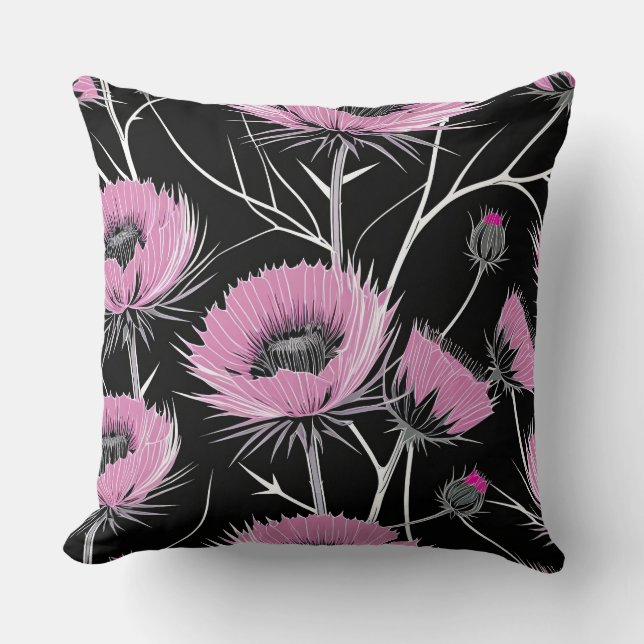 Rosa Thistle på svart Kudde (Framsida)