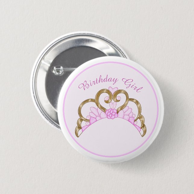 Rosa Tiara Birthday Girl Pin Knapp (Framsida & baksida)