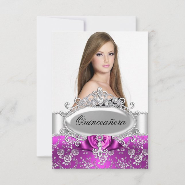 Rosa Tiara & Blommig Ros Quinceanera Inbjudan (Framsida)