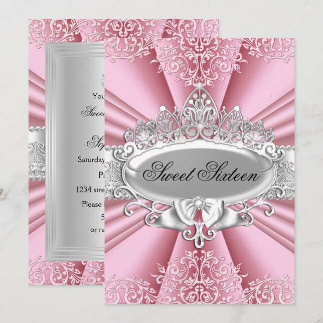 Rosa Tiara Damask Sweet 16 Födelsedagsfest Inbjudningar (Fram/baksida)