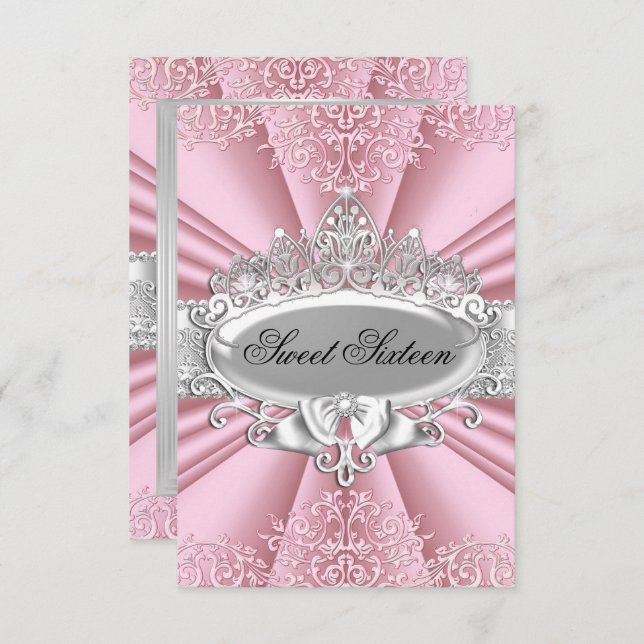 Rosa Tiara Damask Sweet sixteen Party Inbjudningar (Fram/baksida)