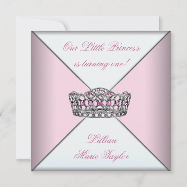 Rosa Tiara Lilla Prinsessa Första Födelsedagsfiran Inbjudningar (Framsida)