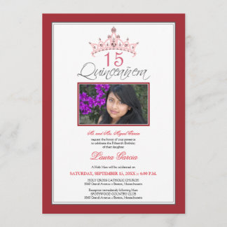 Rosa tiara med ädelstenar Quinceanera-inbjudan (rö Inbjudningar