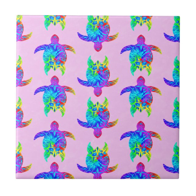 Rosa Tie Dye Island Tribal Turtles Kakelplatta (Framsidan)