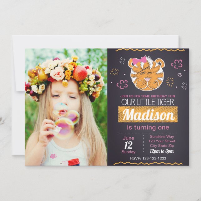 Rosa Tiger Birthday-inbjudan med foto Inbjudningar (Framsida)