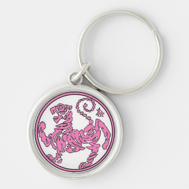 Rosa tiger Keychain Rund Silverfärgad Nyckelring (Framsidan)