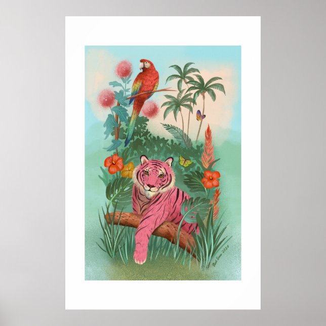 Rosa Tiger och Papegoja Tropisk Extra Stor Tryck (Framsidan)