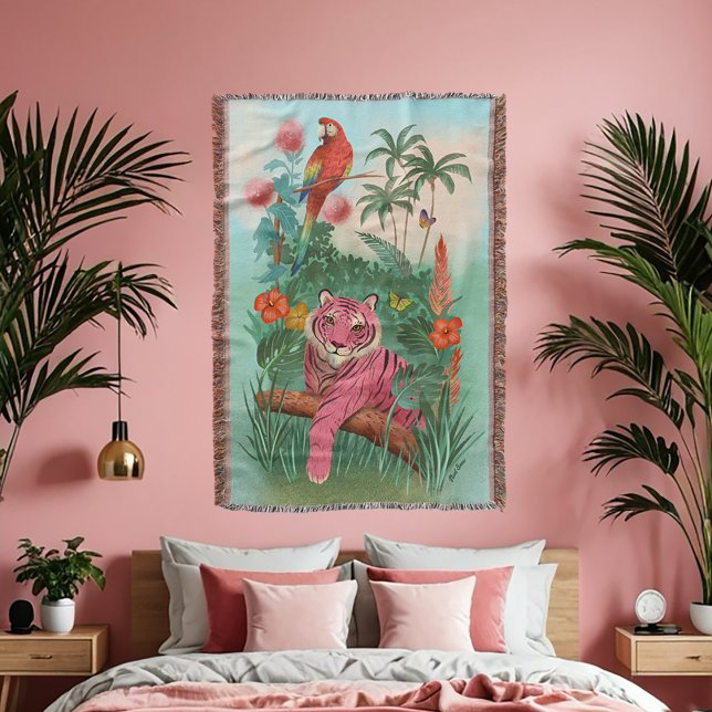 Rosa Tiger och Parrot Tropical Jungle | Filt (Skapare uppladdad)