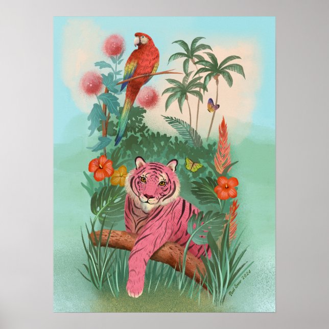 Rosa Tiger och Parrot Tropical Jungle Poster (Framsidan)
