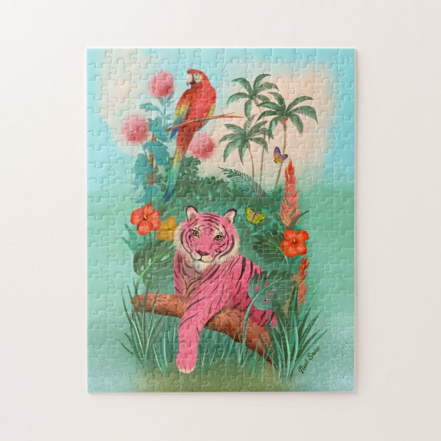 Rosa Tiger och Parrot Tropical Jungle Pussel (Vertikal)