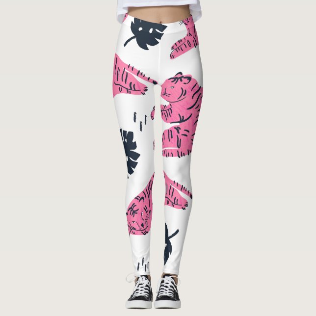 Rosa Tiger Tropical: Vintage Hand-Drawn. Leggings (Framsida)