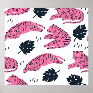 Rosa Tiger Tropical: Vintage Hand-Drawn. Poster