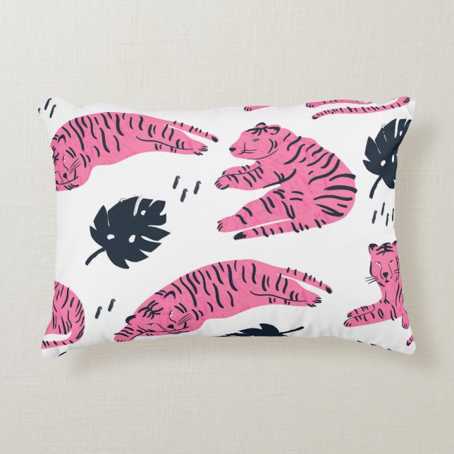 Rosa Tiger Tropical: Vintage Hand-Drawn. Prydnadskudde (Framsidan)