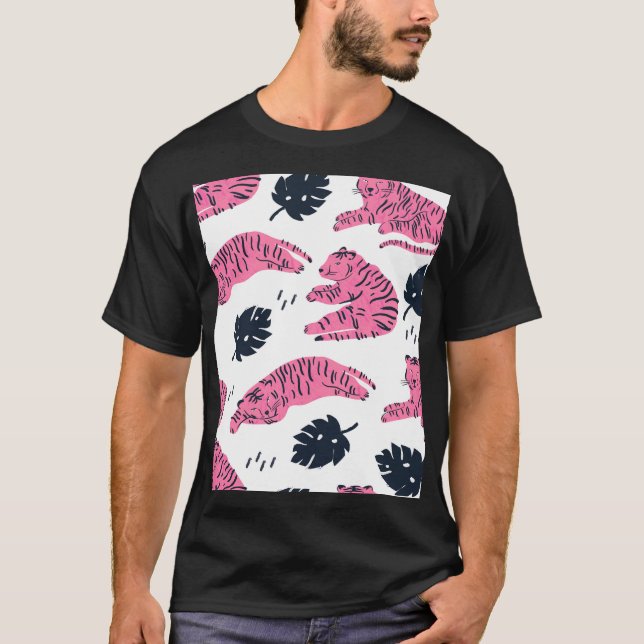 Rosa Tiger Tropical: Vintage Hand-Drawn. T Shirt (Framsida)