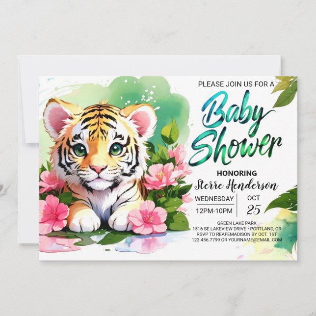 Rosa Tiger Watercolor Baby Shower Inbjudningar (Framsida)