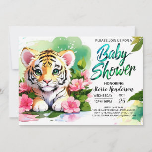 Rosa Tiger Watercolor Baby Shower Inbjudningar